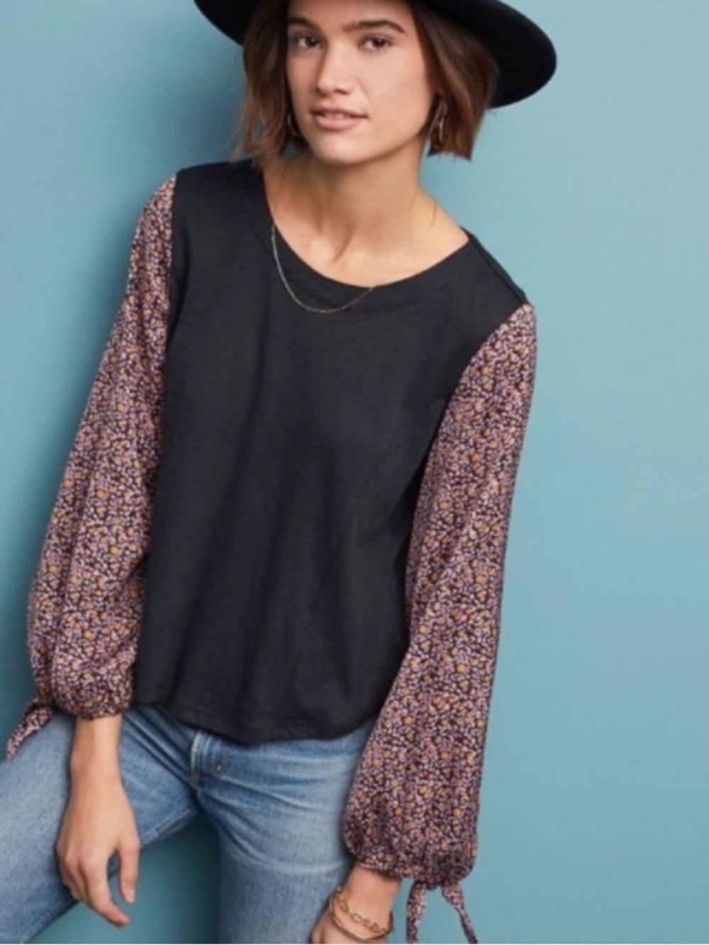 By Anthropologie Black Top with Floral Puff Sleeves